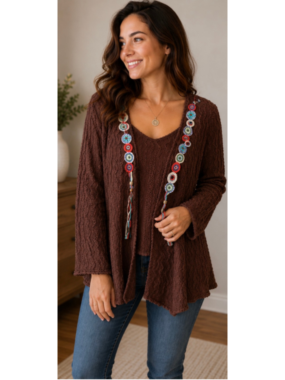 Curio Brown Cable Knit Embellished Cardigan Sweater Size M